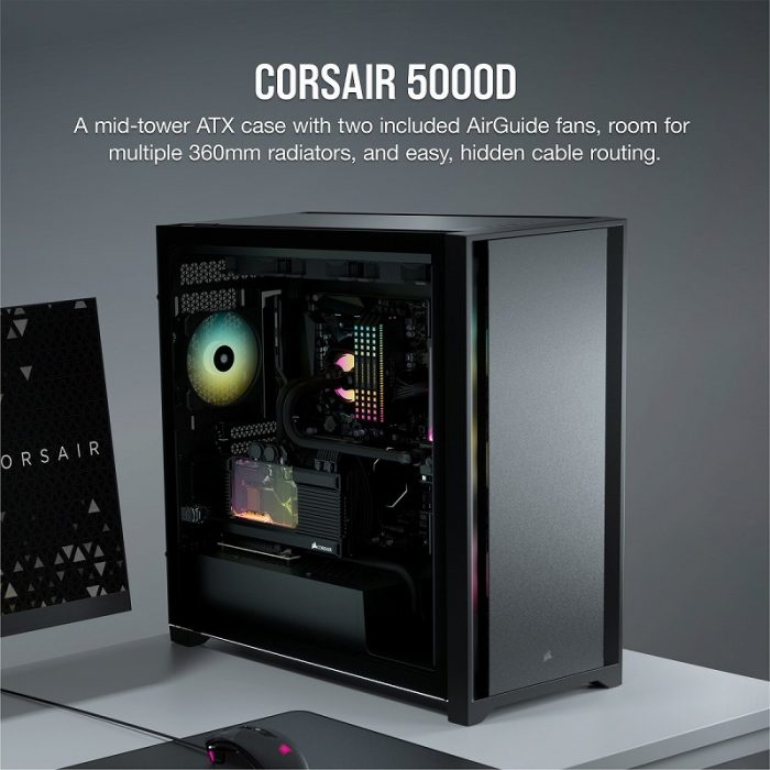 CORSAIR、右サイド給排気対応、強化ガラスパネル搭載ミドルタワーPC