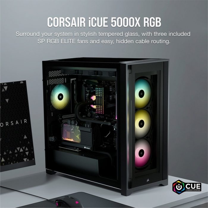 CORSAIR、RGBファン付属、強化ガラスパネル4面搭載ミドルタワー