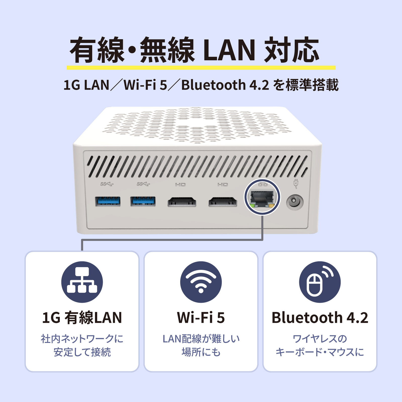 1G有線LAN、Wi-Fi 5、Bluetooth 4.2対応