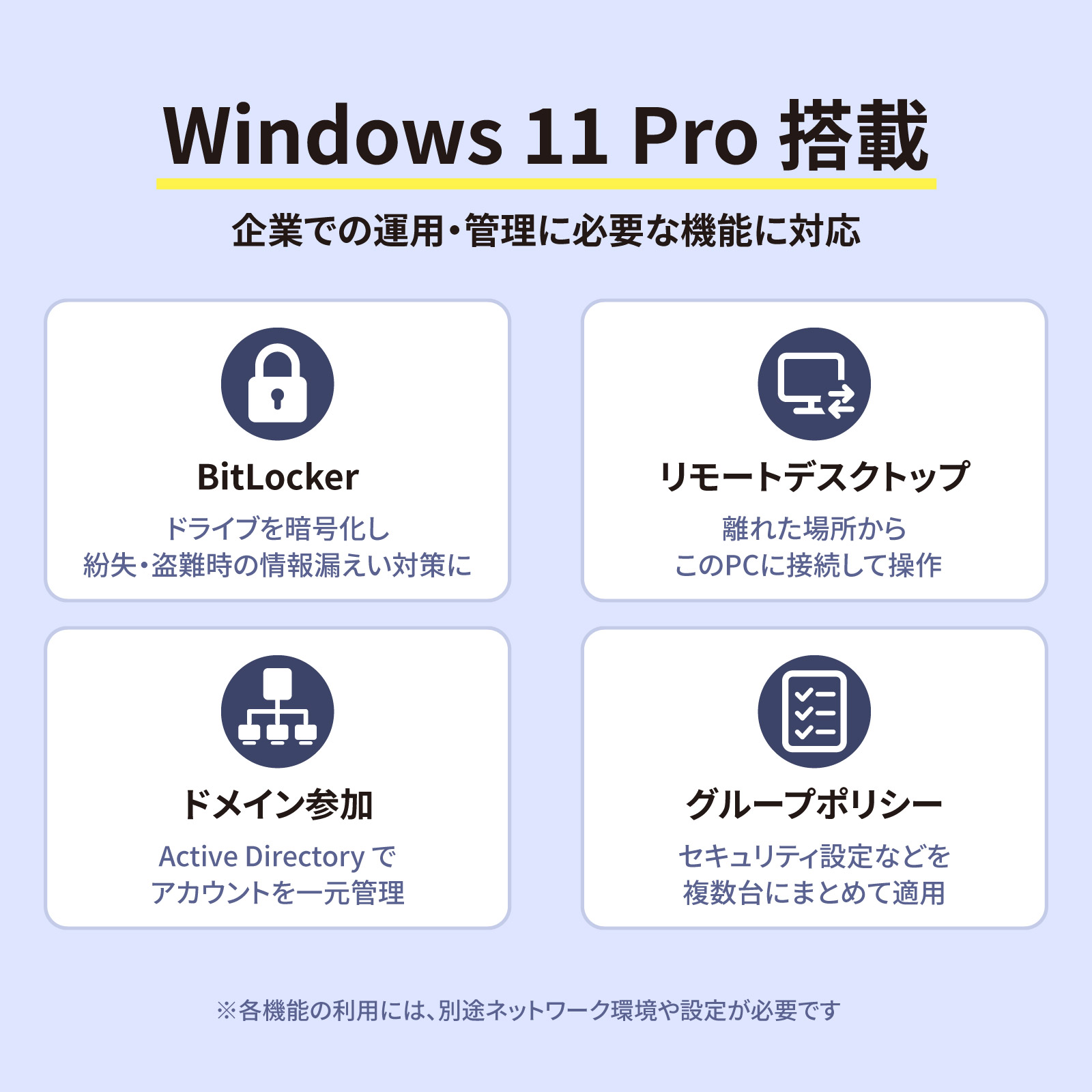 Windows 11 Pro搭載(BitLocker、リモートデスクトップ、ドメイン参加、グループポリシー)